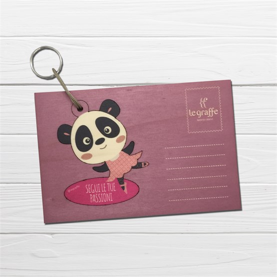 Pandora: cartolina in legno con portachiavi a forma di panda - cartoligna/ portachiavi - Le Graffe shop