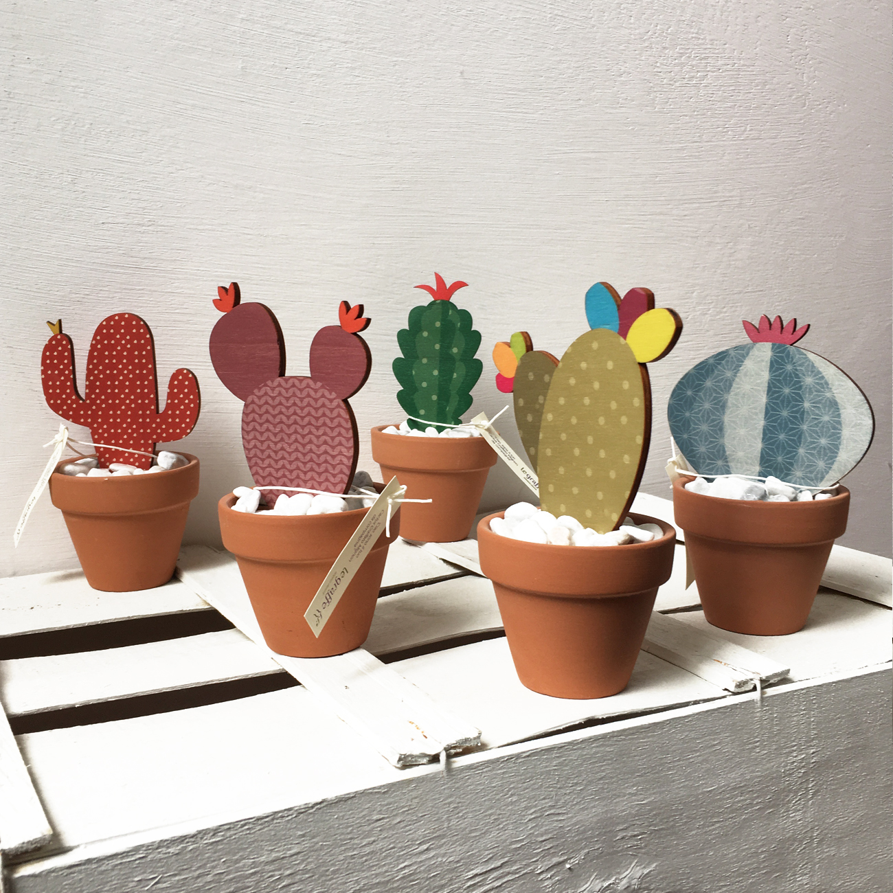 Cactus misti in legno, ideali come bomboniere e originali oggetti di arredo  - cactus vaso H14 - Le Graffe shop